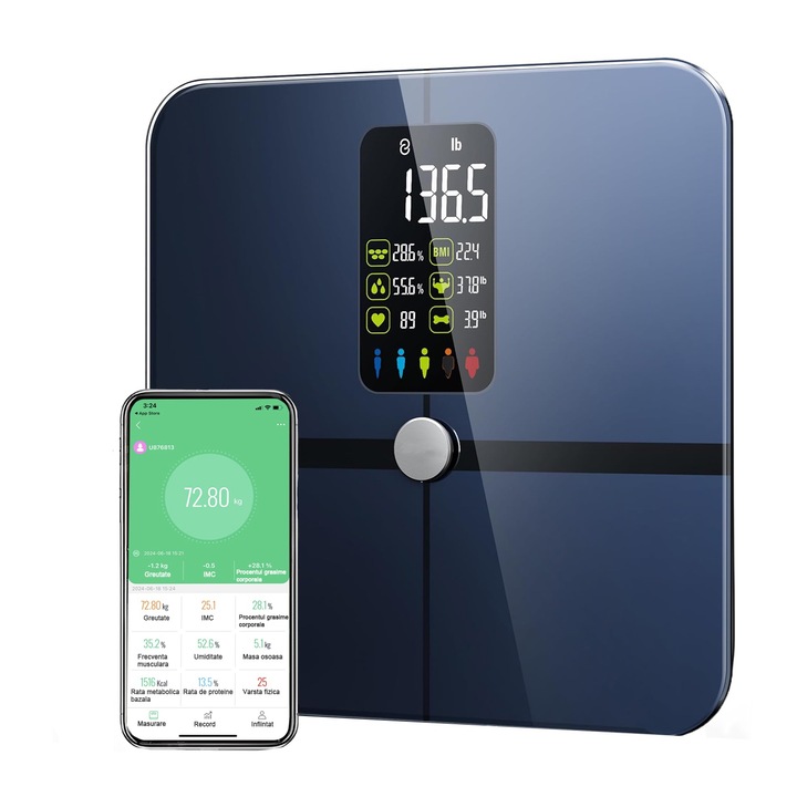 Диагностична телесна везна, BYONDSELF®, 19 индекса, Bluetooth връзка с фитнес приложение, LCD дисплей, 0,2-180 кг, защитно стъкло, USB зареждане, черно/синьо