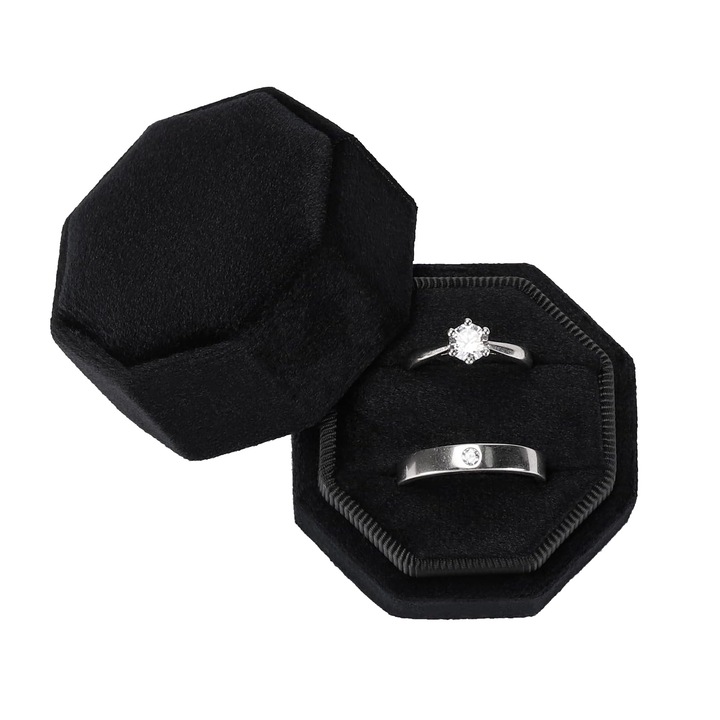 Cutie pentru inel, SINBINTA, 2 sloturi, Octagonal, Interior catifea, Moale, Placut la atingere, Rezistent la uzura, Portabil, Eleganta, Pentru propunere, logodna, aniversare de nunta, 5x5x5cm, Negru