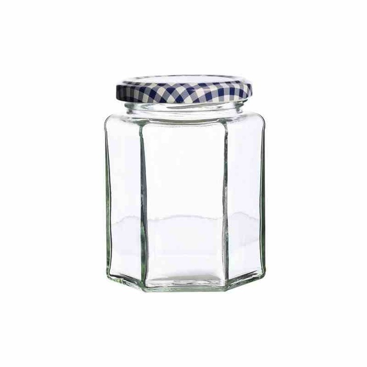 Borcan hexagonal, Kilner, sticla, capac metalic, 10.1 x 7 cm, alb/albastru