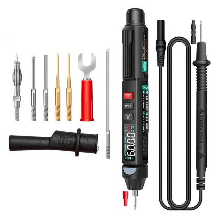 Цифров мултицет WALALLA A3008, самосензорен, безконтактен, цифров дисплей, черен