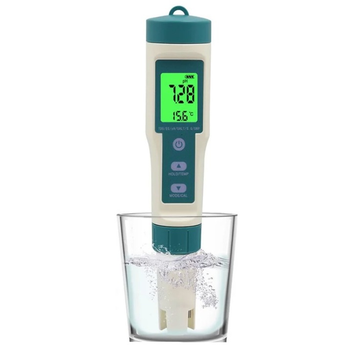 Тестер за качество на водата 8 в 1 WALALLA, измерване на PH/TDS/EC/ORP/температура/соленост/SG, IP67, осветен LCD екран, зелен