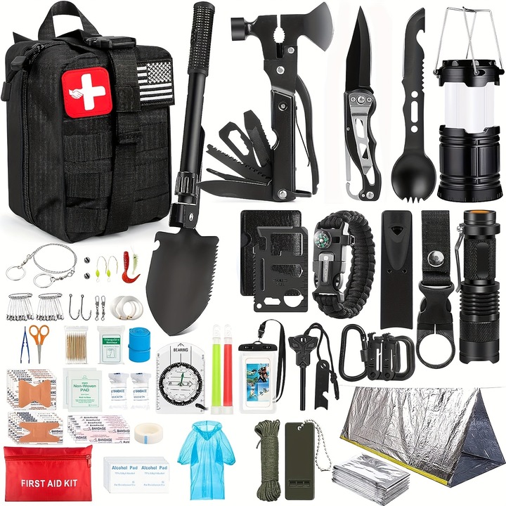 Set Supravietuire, WALALLA, 250 Buc, Kit de Supravietuire, Truse Profesionale de Urgenta Echipament si Echipament Supravietuire, Kit Prim Ajutor, Cort de Urgenta, Negru, 15x13,5x20,5cm