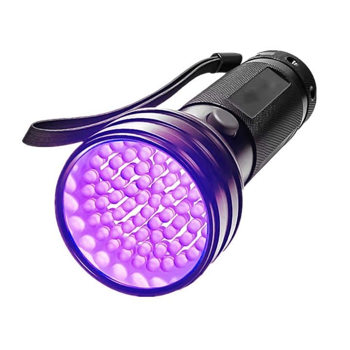 LED UV zseblámpa, Zola, vízálló, alumínium, 51 LED, hossza 15 cm, fekete