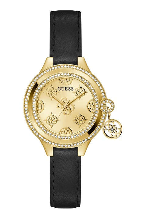 GUESS, Ceas cu o curea de piele si cristale, Negru