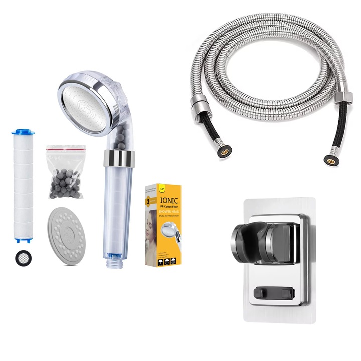 3-функционална душ слушалка с 1,5 m маркуч от неръждаема стомана и опора, INNOVIO памучен филтър и активни минерални гранули, отрицателни йони, високо налягане, функция за пестене на вода, модел CP-1595