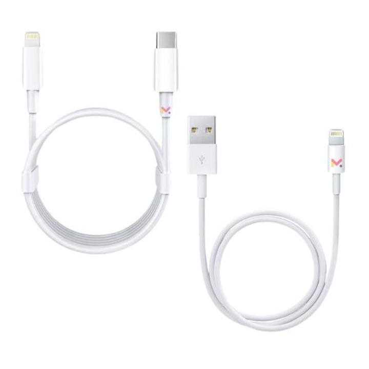 2 db Mercaton adat- és töltőkábel készlet, 1 db Type-C / Lightning és 1 x USB / Lightning, fehér, 2 A, 1 M