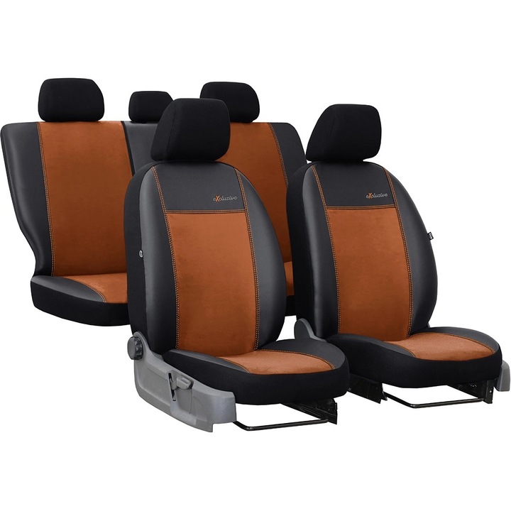 Set huse scaune auto, Pok-Ter Exclusive, Alcantara si Piele Ecologica Maro, 11 piese, compatibile cu airbag