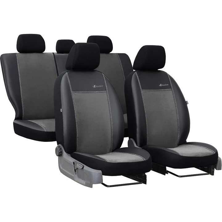 Set huse scaune auto, Pok-Ter Exclusive, Alcantara si Piele Ecologica Gri Inchis, 11 piese, compatibile cu airbag