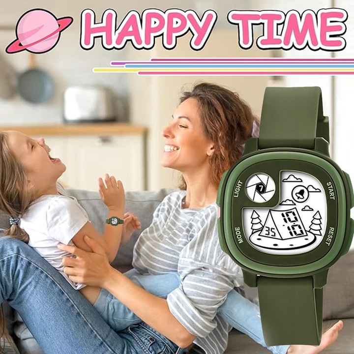 Ceas copii, verde, cu bratara din silicon, rezistent la apa