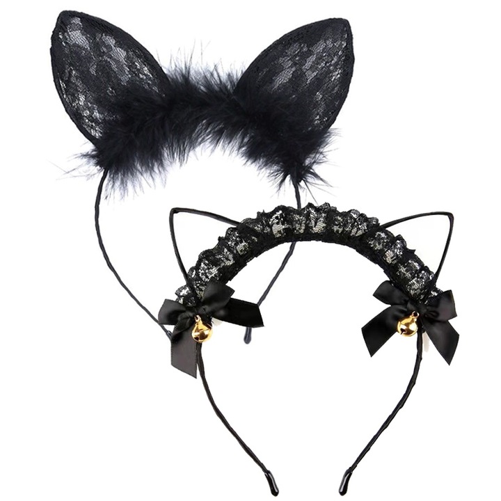 Set 2 bentite cu urechi de pisica din dantela, Negru