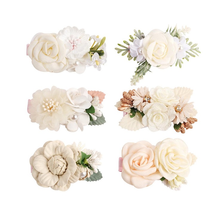 Set 6 agrafe de par pentru fete, flori artificiale siperlute, stil retro, multicolor, 7.61cm