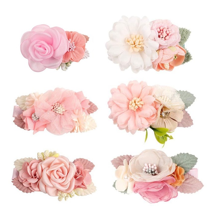 Set 6 agrafe de par pentru fete, flori artificiale cu perlute, multicolor, 7.61cm