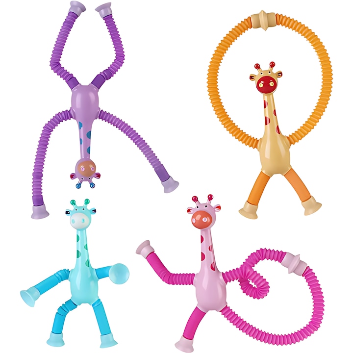 Szenzoros Zsiráf Játék Készlet JOZY®, 4 Darab Rugalmas Pop Tube Figurával, Tapadókorongokkal, Stresszoldó és Fejlesztő Játék Gyermekeknek, Többszínű