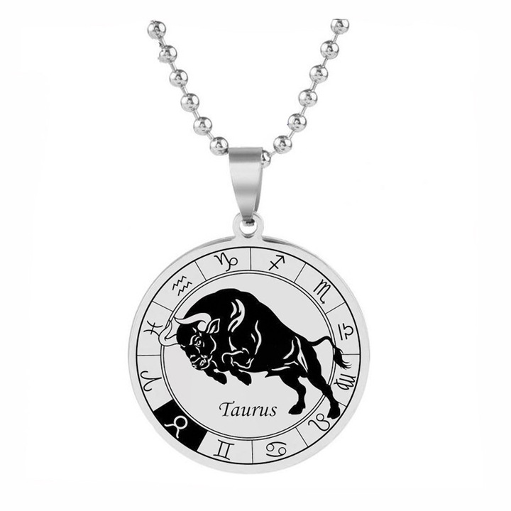 Colier din otel inoxidabil, pandantiv Zodia Taur, hipoalergenic, 20mm