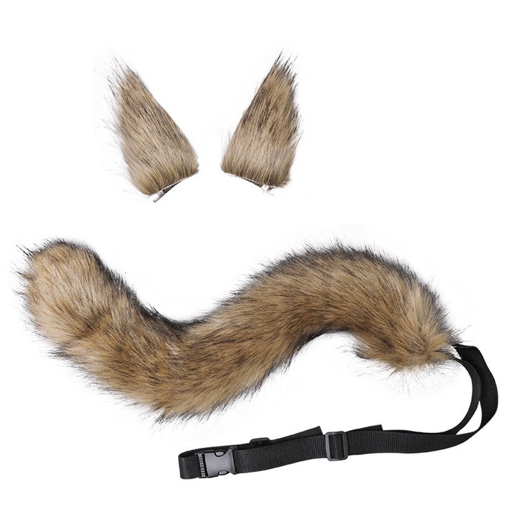 Fül + farok szett tematikus bulikhoz, QttvbTna, Műszőrme, 53 cm, Barna / Fekete