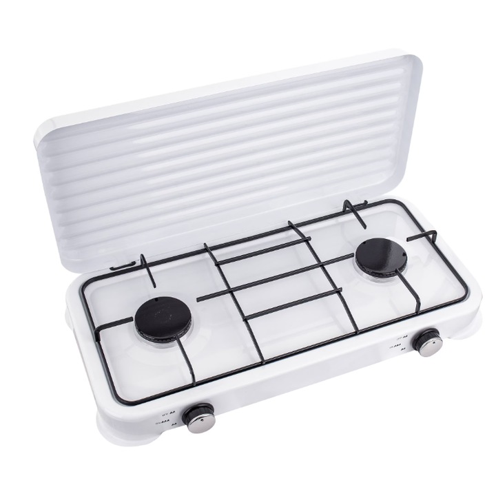 Hordozható tűzhely 2 égővel, 2833-as modell, palackkészlet Fehér