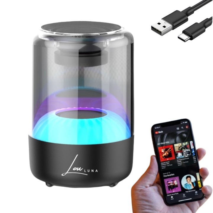 Portabil hangszóró színes fényekkel, LouLuna, Bluetooth 5.0, USB port memória stickhez, 500 mAh akkumulátor, Fekete