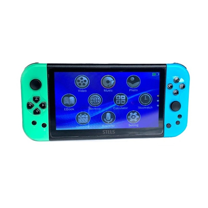 Joc portabil STELS, tehnologie inteligenta, ecran color de 7.1 inchi, HDMI, 20000 de jocuri, verde/albastru