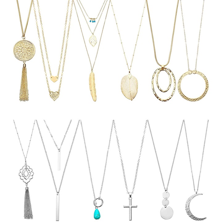 Set de 12 coliere lungi cu pandantiv, diverse modele, multicolor, pentru femei