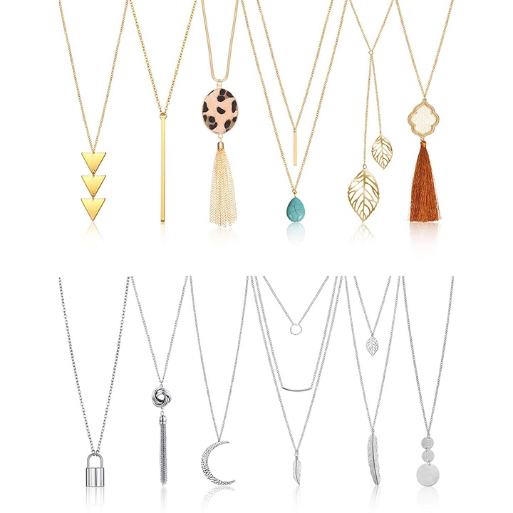 Set de 12 coliere lungi cu pandantiv, diverse modele si culori, bijuterii pentru femei