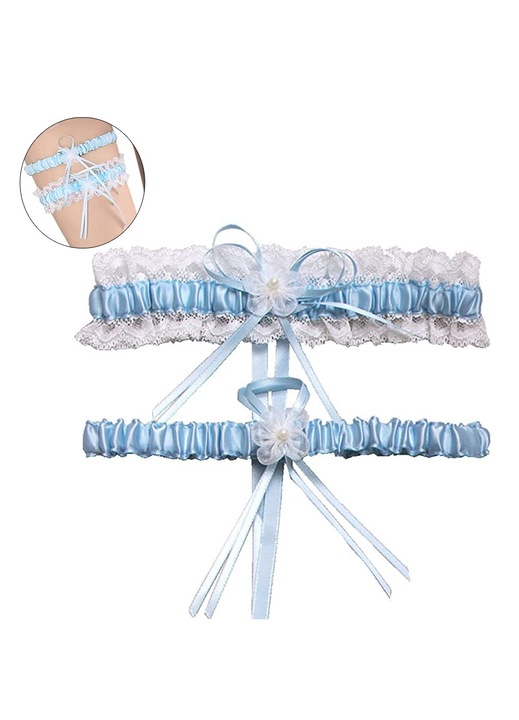 Jartiera din dantela Bizaical, alb/albastru, extensibil, One Size INTL