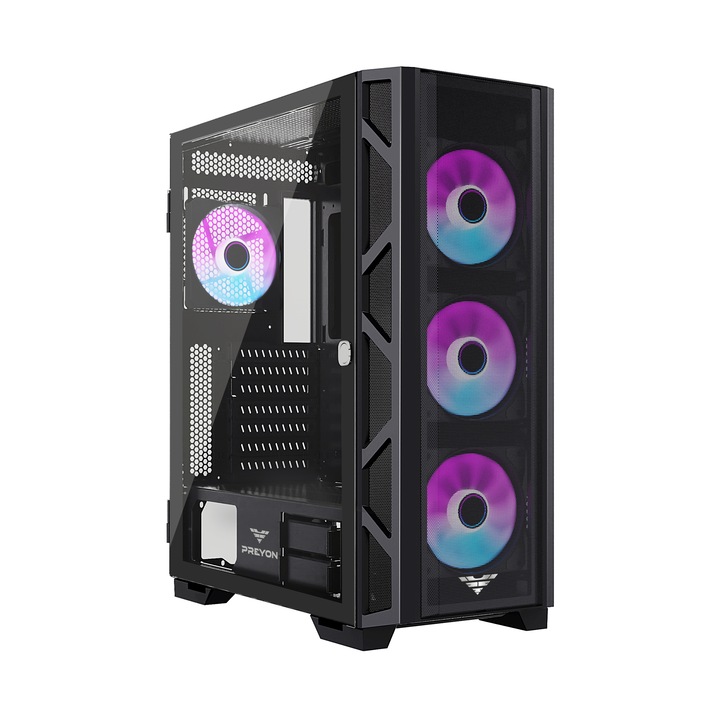 Компютърна кутия Preyon Nest Meshy Plus (PRENMP04B), Mid-Tower, Без захранващ блок, ATX, черен, ARGB