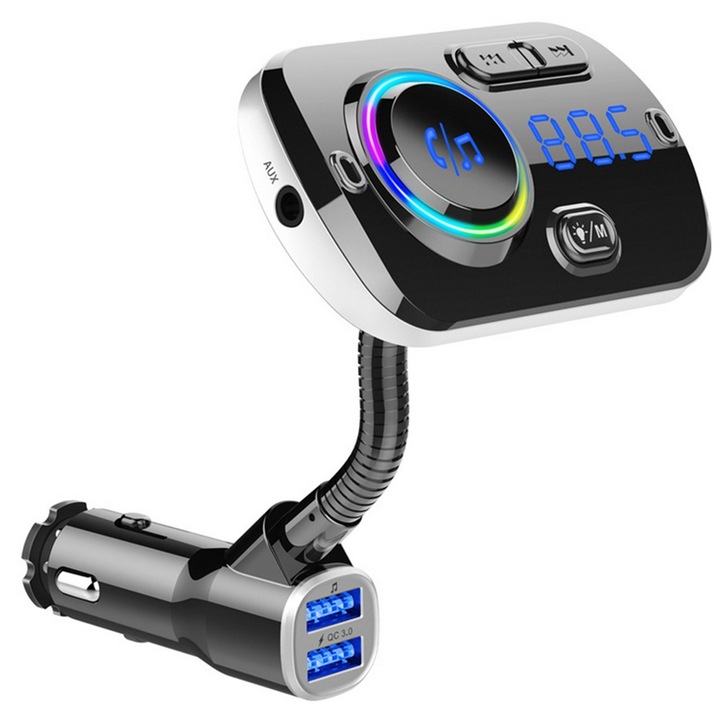 Set transmitator FM Bluetooth pentru masina, conectivitate duala, incarcare rapida QC3.0, LED multicolor, 5.5x10.3x13.5cm