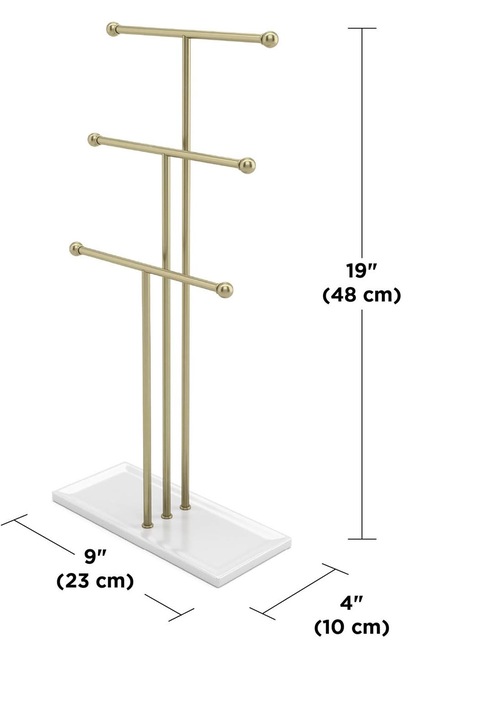 Suport bijuterii Umbra, extra inalt, metal, pentru coliere cu tava integrata, auriu, 24x11x46.5cm