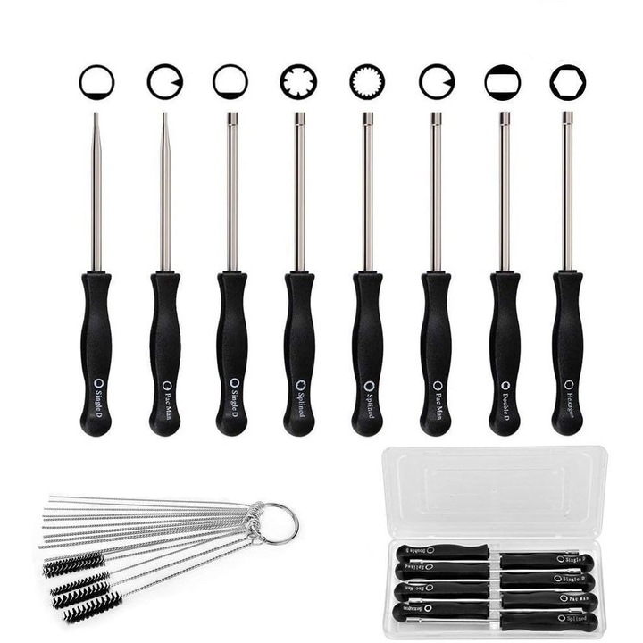 8 db karburátor állító csavarhúzó/15 db tisztítókefe készlet, fém, ezüst