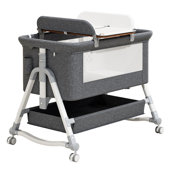 Сгъваема бебешка кошара, многофункционална, с маса за повиване, люлка, колелца, матрак и транспортно покривало, заключващи се колела, регулируема височина, Dr Denis
