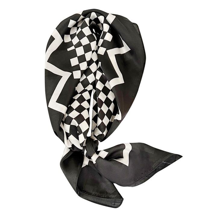 Esarfa patrata, Satin, multifunctionala, negru/alb, 70x70cm