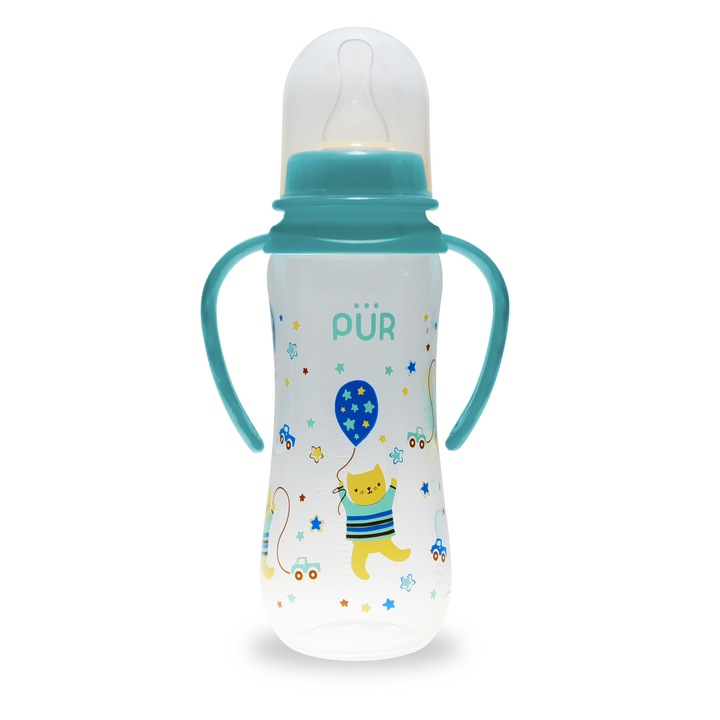 Biberon cu desen si manere, PUR 9014, 250ml, de la 6 luni, BPA free
