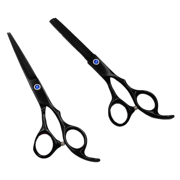 Set 2 foarfece profesionale de tuns, design ergonomic, negru, inox