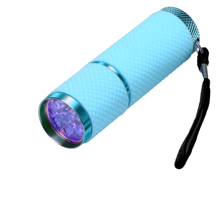 Мини LED фенер, гумиран, син, с връв