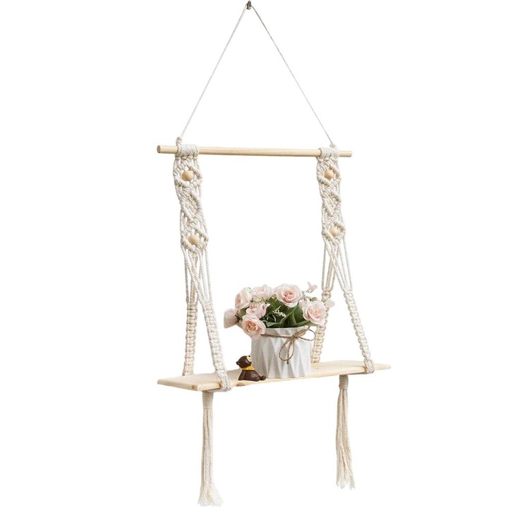 Suport suspendat pentru ghivece, lemn, stil Boho, 90 x 40 x 15 cm, bej