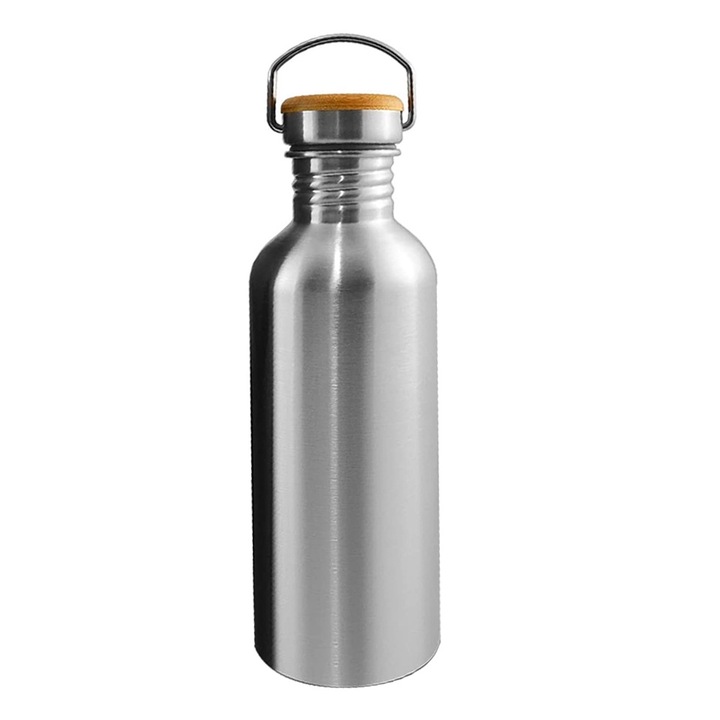 Termos, inox, capac bambus, izolat termic, 1000ml, 7.8x27.2cm, argintiu