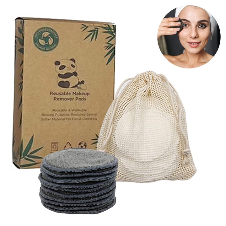 Set 20 dischete demachiante reutilizabile din fibre de bambus cu saculet, negru