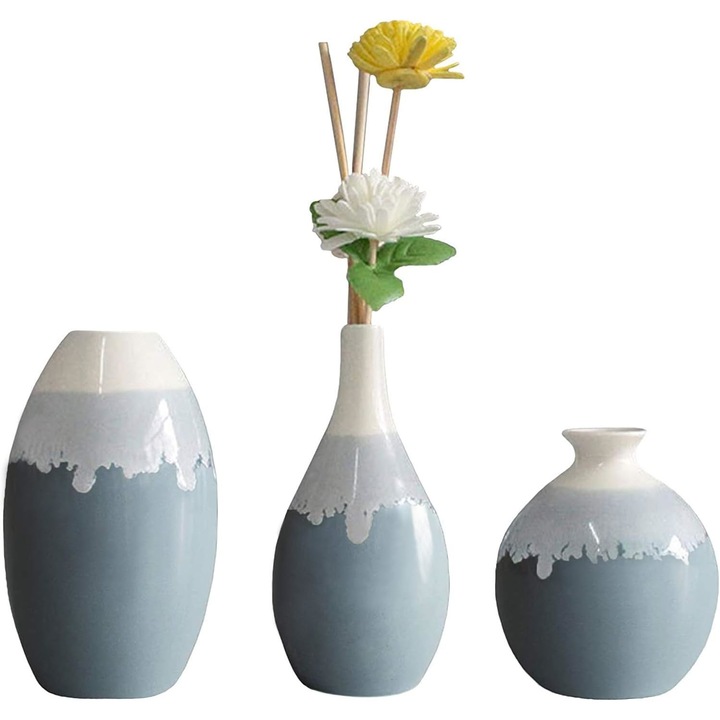 Set 3 Vaze Decorative, 16x6cm/10x5cm/14x5cm, Ceramica, Albastru/Alb