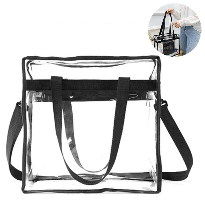 Átlátszó válltáska, PVC, cipzárral zárható, tarka, 32x13x32cm