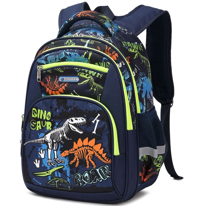 Ghiozdan pentru scoala baieti, Giftry®, 5-10 ani, model dinozaur fosforescent, multifunctional, impermeabil, albastru, 42 cm x 36 cm x 18 cm