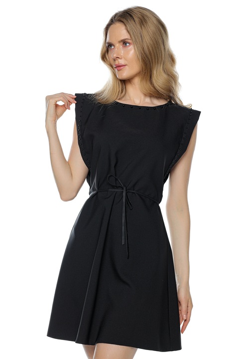 Rochie cu umeri accentuati si snur in talie, Muse Mark, Viscoza, Negru, Negru