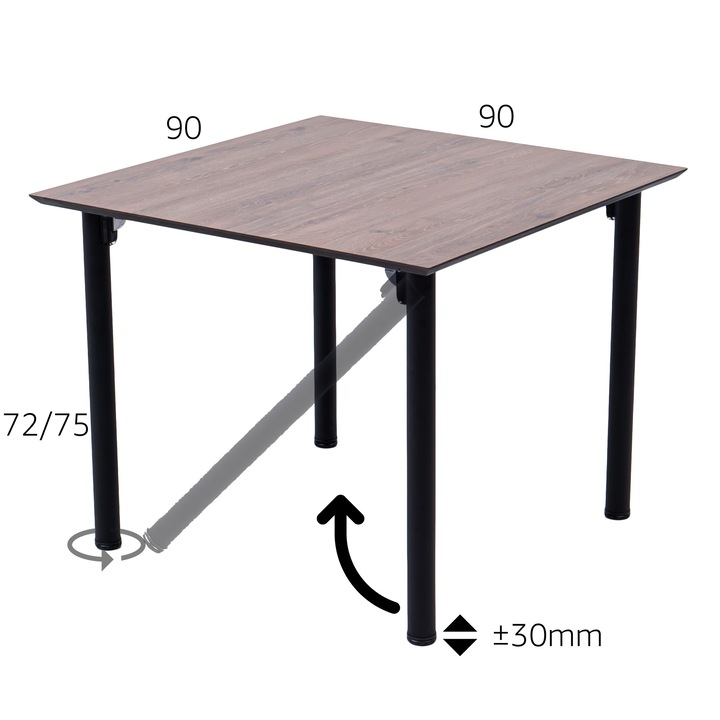 Masa pentru restaurant sau bucatarie, din MDF cu miez negru, acoperita cu HPL, Picioare metalice rabatabile Standard, Stejar Davos Maro H3133 ST12, 90x90 cm