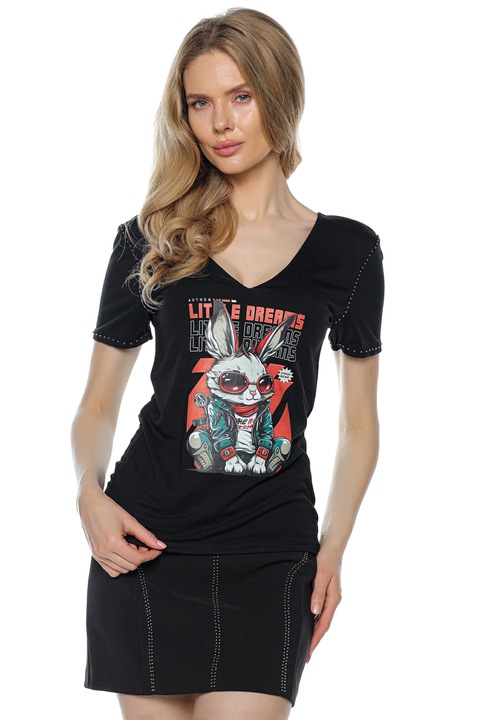 Tricou cu print "Bad Bunny" si detalii metalice la maneci, Muse Mark, Bumbac, Negru, Negru