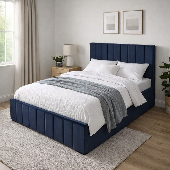 Pat dublu tapitat Confort Plus, 160/200 cm, bleumarin, cu somiera metalica rabatabila si spatiu de depozitare