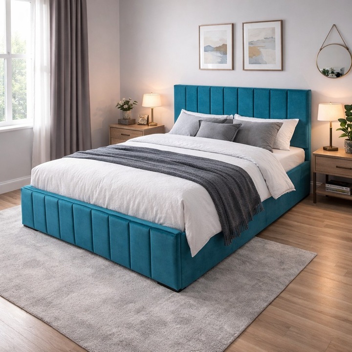 Pat dublu tapitat Confort Plus, 160/200 cm, verde smarald, cu somiera metalica rabatabila si spatiu de depozitare