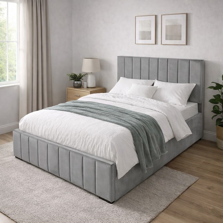 Pat dublu tapitat Confort Plus, 200/200 cm, gri deschis, cu somiera metalica rabatabila si spatiu de depozitare