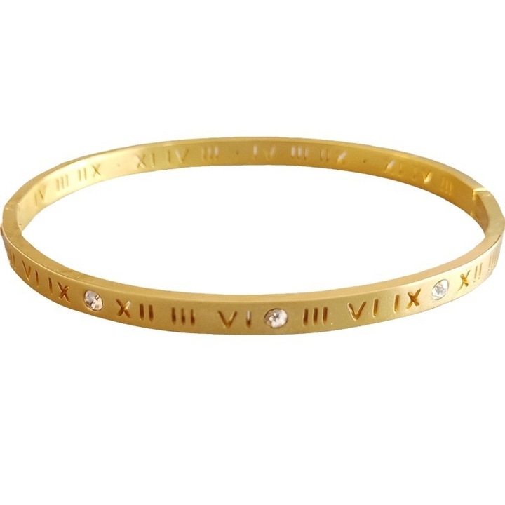 Bratara Dama, Tip Bangle, Pietre Zirconiu Alb, Cifre romane, Otel inoxidabil, Placat cu aur, Culoare Gold