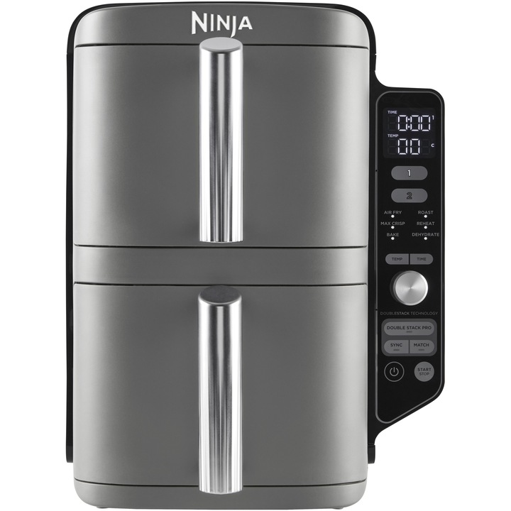 Фритюрник с горещ въздух Ninja Double Stack XL SL400EU, 2470 W, Капацитет 9,5 л, Температурен диапазон 40 - 240 °C, Две зони за готвене, 6 програми, Сив