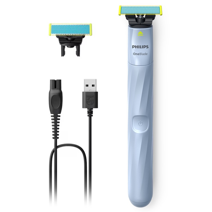 Самобръсначка Philips OneBlade 1st Shave QP1324/30, 2 ножчета против триене, Акумулаторна, Мокро и сухо, Автономност 30 минути, USB-A, Син