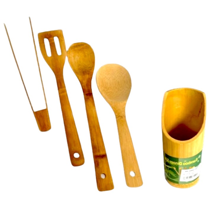 Set 4 ustensile bambus-lingura mare, cleste, spatula, lingura mica-, cu pahar suport